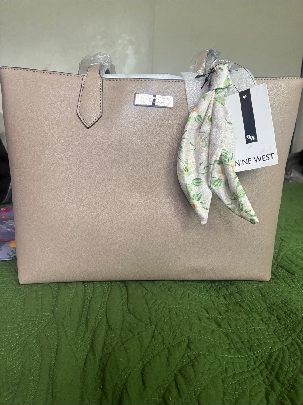 Nine West Blush Beige Tote with Floral Scarf Accent